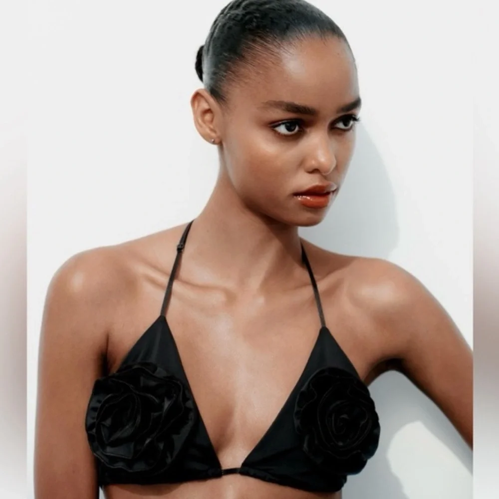 NWT Zara black rose flower bikini top Medium